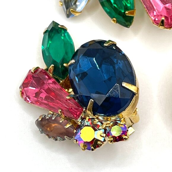 Vintage Unsigned Tutti Frutti Fruit Salad Rhinestone Brooch Clip Earrings Set - Picture 6 of 13
